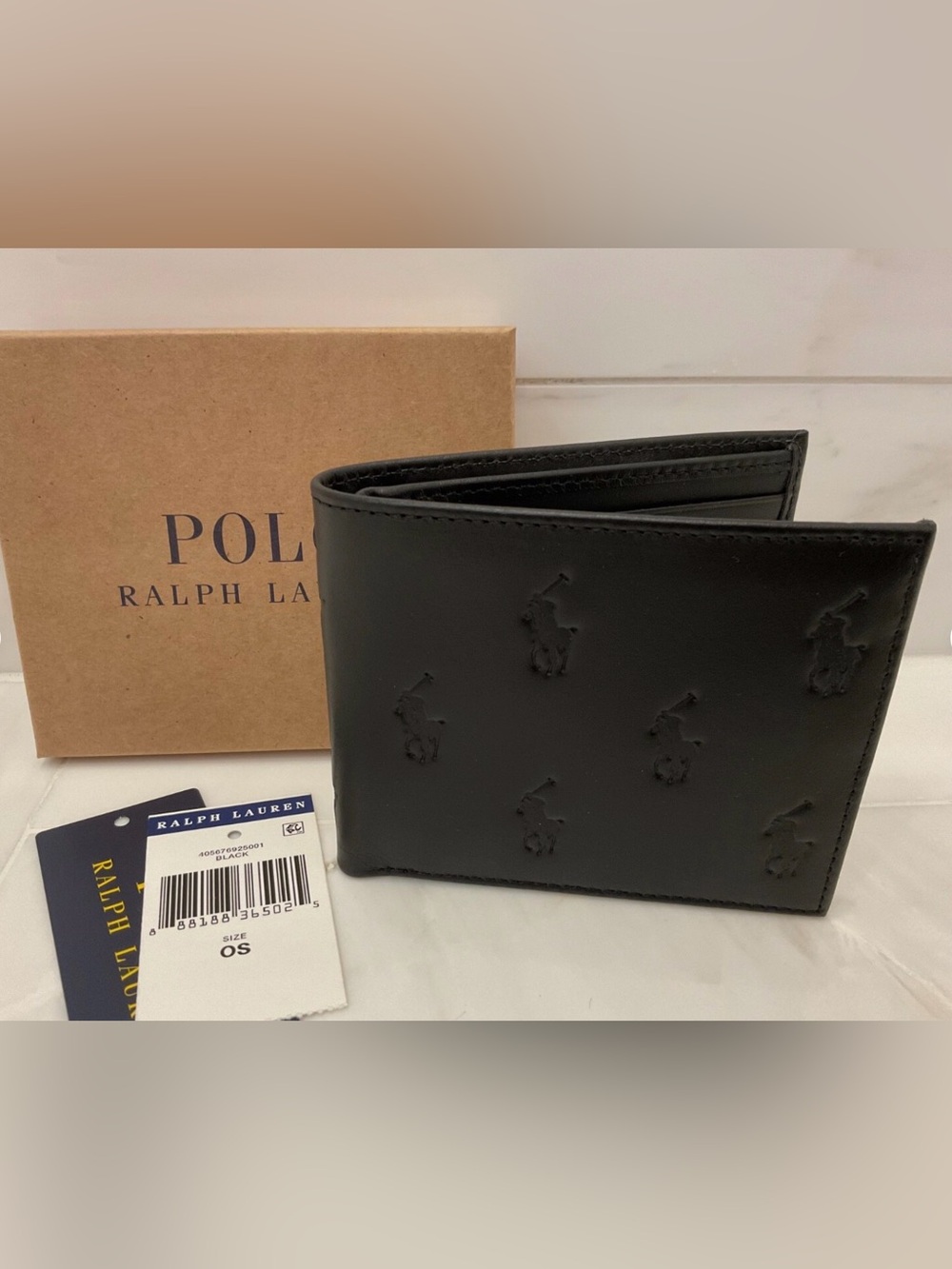 NIB Polo Ralph Lauren Leather ALL OVER PONY Double Billfold Wallet - BLACK